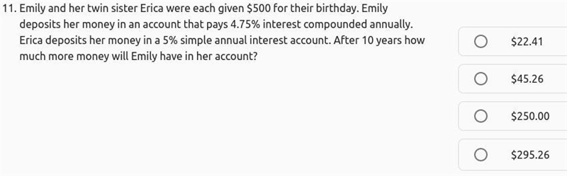 Emily and her twin sister Erica were each given $500 for their birthday. Emily deposits-example-1