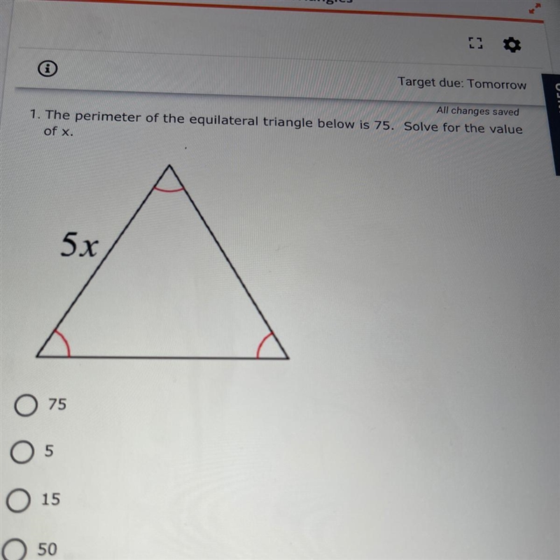 1. The perimeter of the equilateral triangle below is 75. Solve for the value of x-example-1