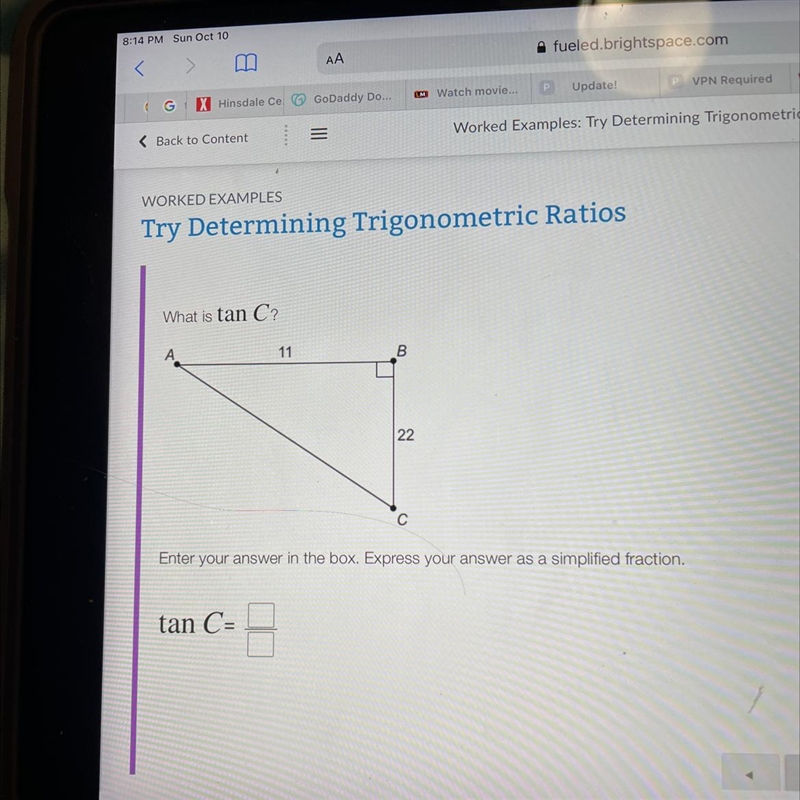 What is tan C? А. 11 B 22 Enter your answer in the box. Express your answer as a simplified-example-1