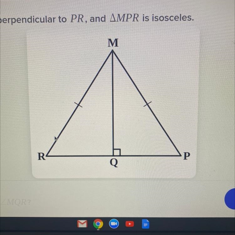 In the diagram, MQ is perpendicular to PR, and AMPR is isosceles. What is the measure-example-1