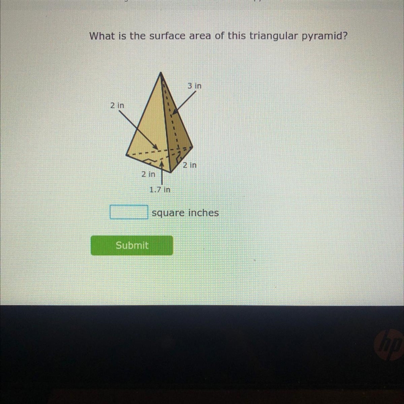 What is the surface area of this triangular pyramid? ___square inches-example-1