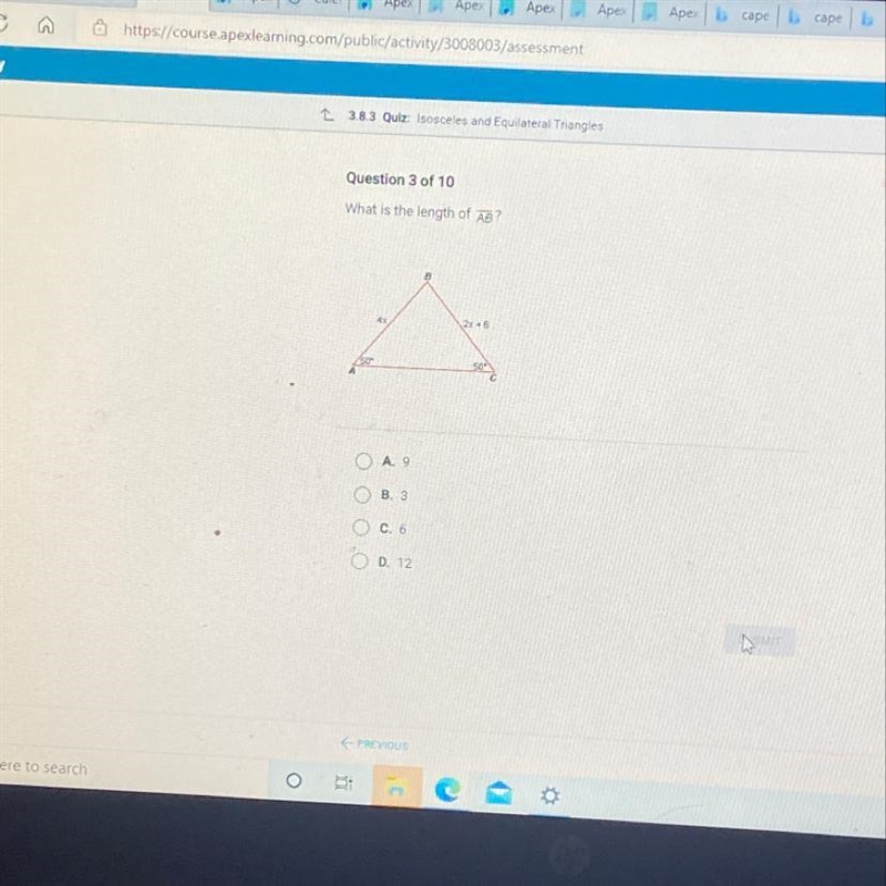 What is the length of AB? . A9 B. 3 C. 0. D. 12-example-1