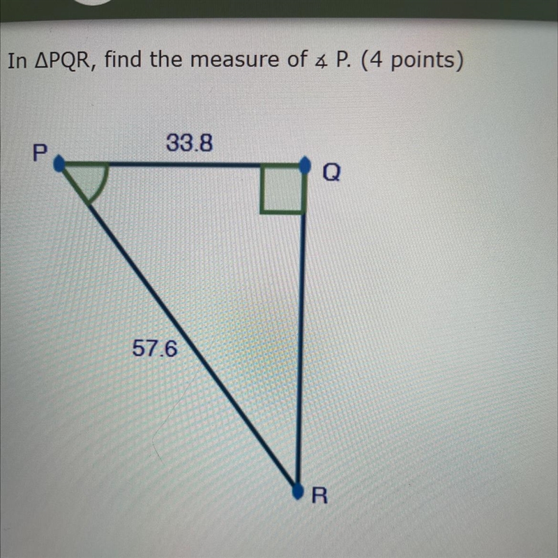 In triangle PQR, find the measure of angle P .-example-1