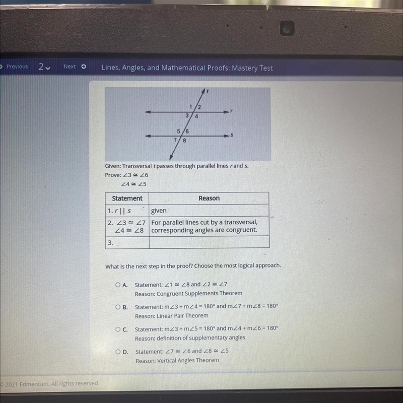 HELPPP I NEED THIS ASAP!!!! What is the next step in the proof? Chose the most logical-example-1