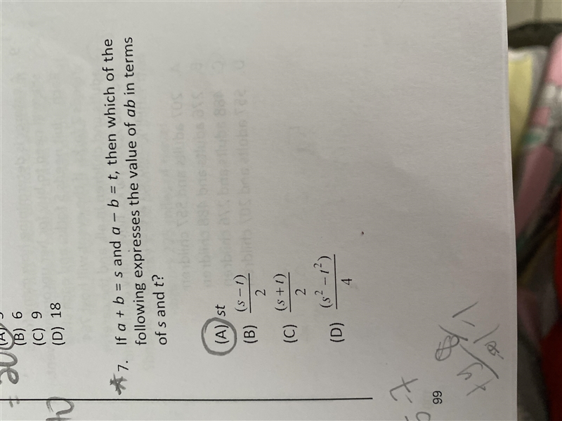 If a + b = s and a - b = t, then which of the following expresses the value of ab-example-1