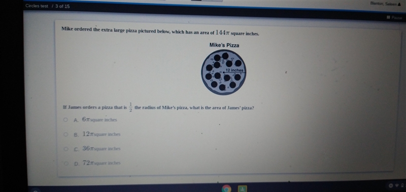 Mike ordered the extra large pizza pitched below, which has an area of 144π square-example-1