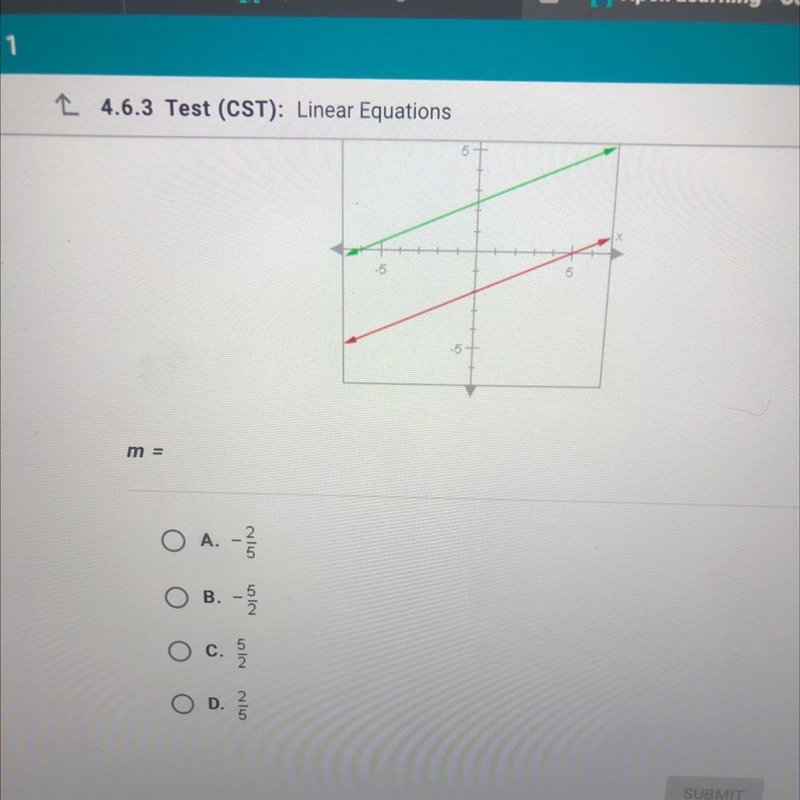 The lines graphed below are parallel. The slope of the red line is 2/5. What is the-example-1