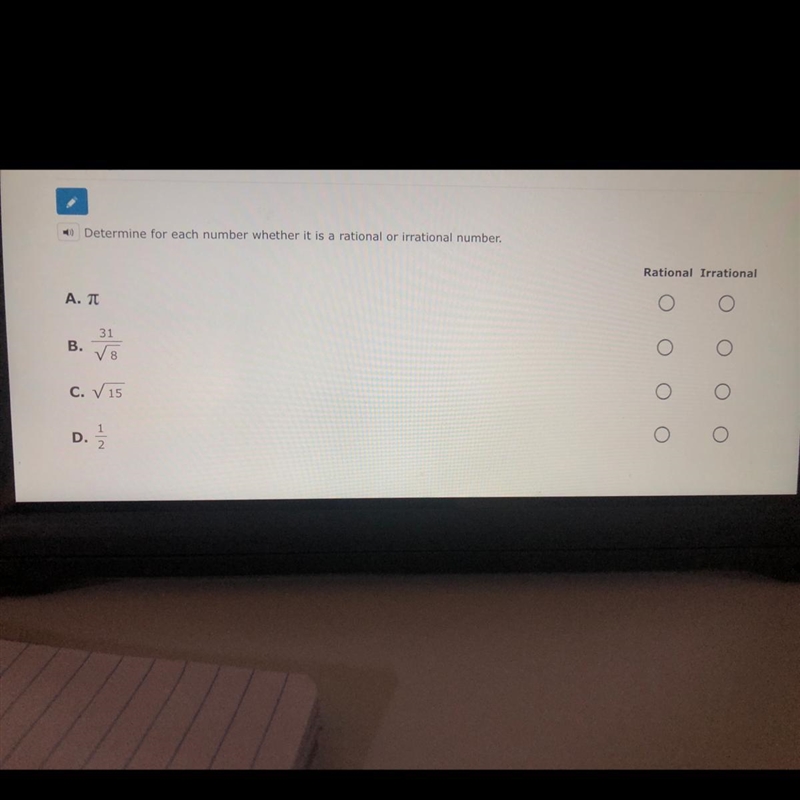 Determine whether each number is rational or irrational-example-1