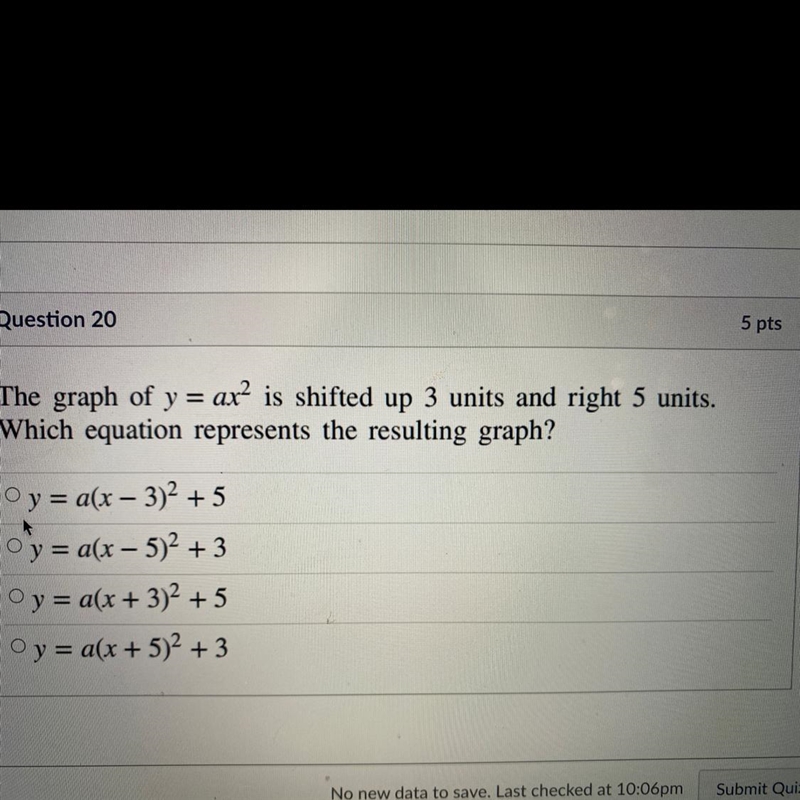 = The graph of y = axis shifted up 3 units and right 5 units. Which equation represents-example-1