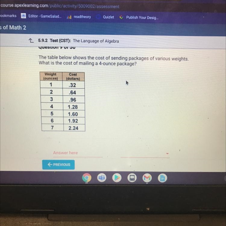 The table below shows the cost of sending packages of various weights. What is the-example-1