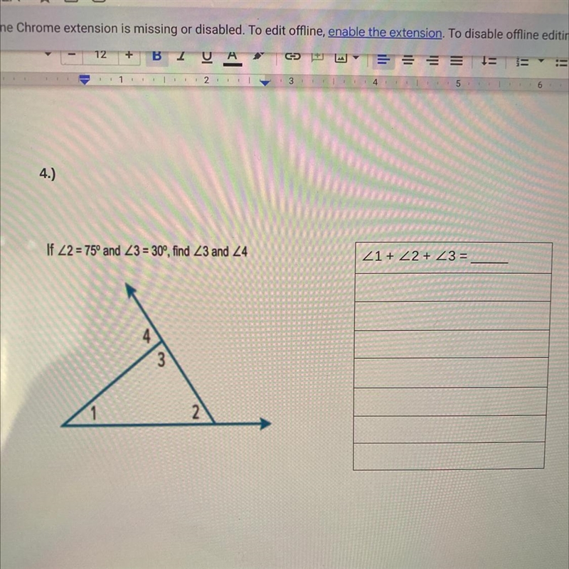 If <2 = 75 degrees and <3 = 30 degrees, find <3 and <4.-example-1