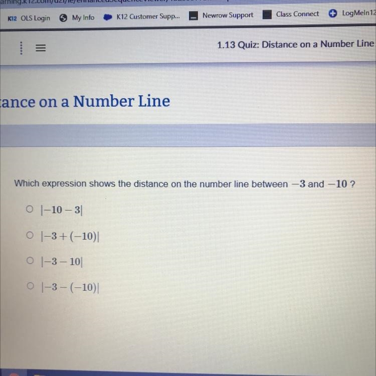 Which expression shows the distance on the number line between -3 and -10? A (-10 - 3) B-example-1