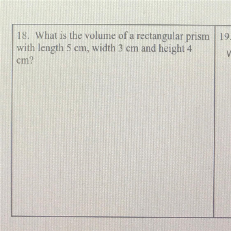 What is the volume of a rectangular prism with length 5cm, width 3cm and height 4cm-example-1