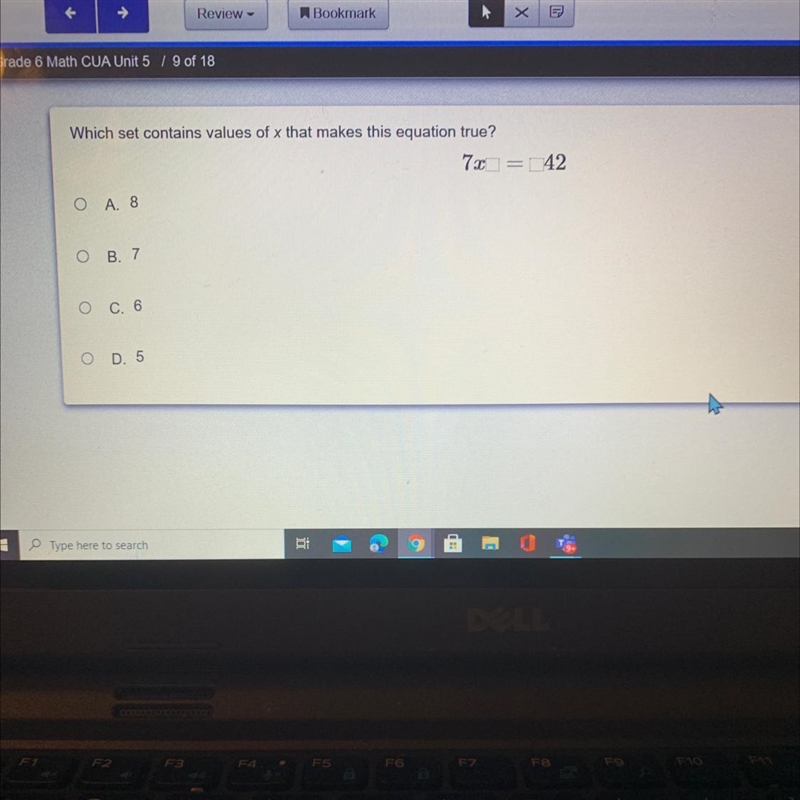 Which set contains values of x that makes this equation true? 7x = 42 o A. 8 OB. 7 O-example-1