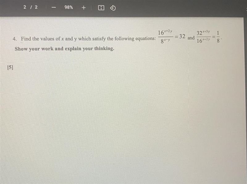 Find the values of x and y which satisfy the following equations-example-1