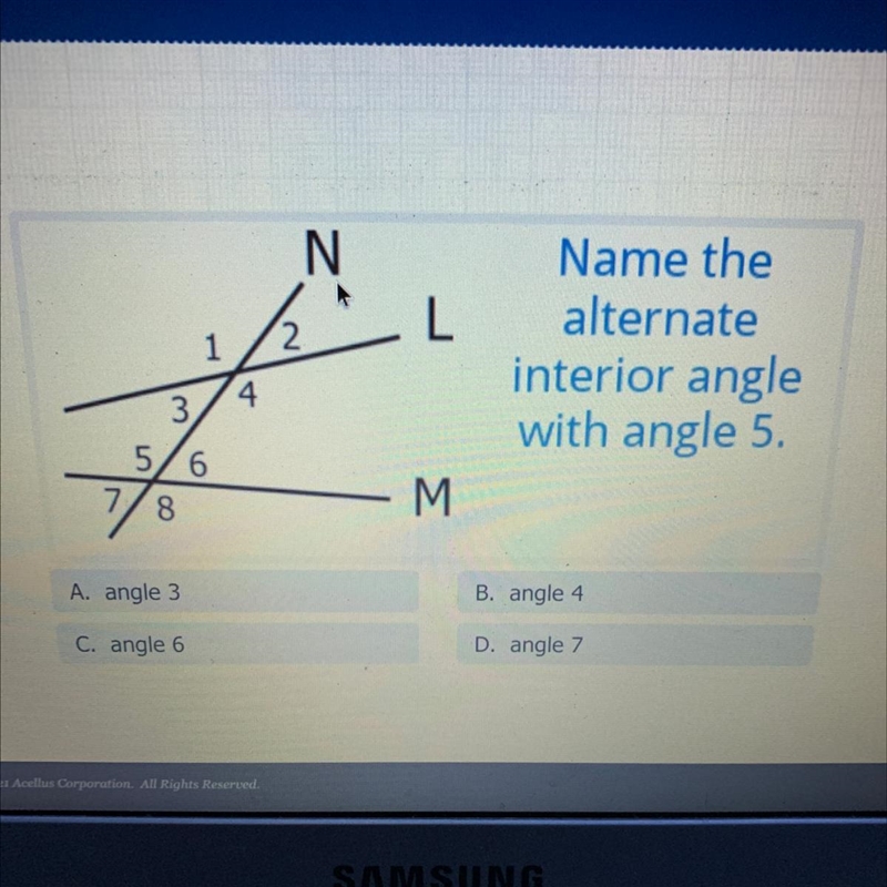 Name the alternate interior angle with angle 5. HELPP PLEASEEE-example-1