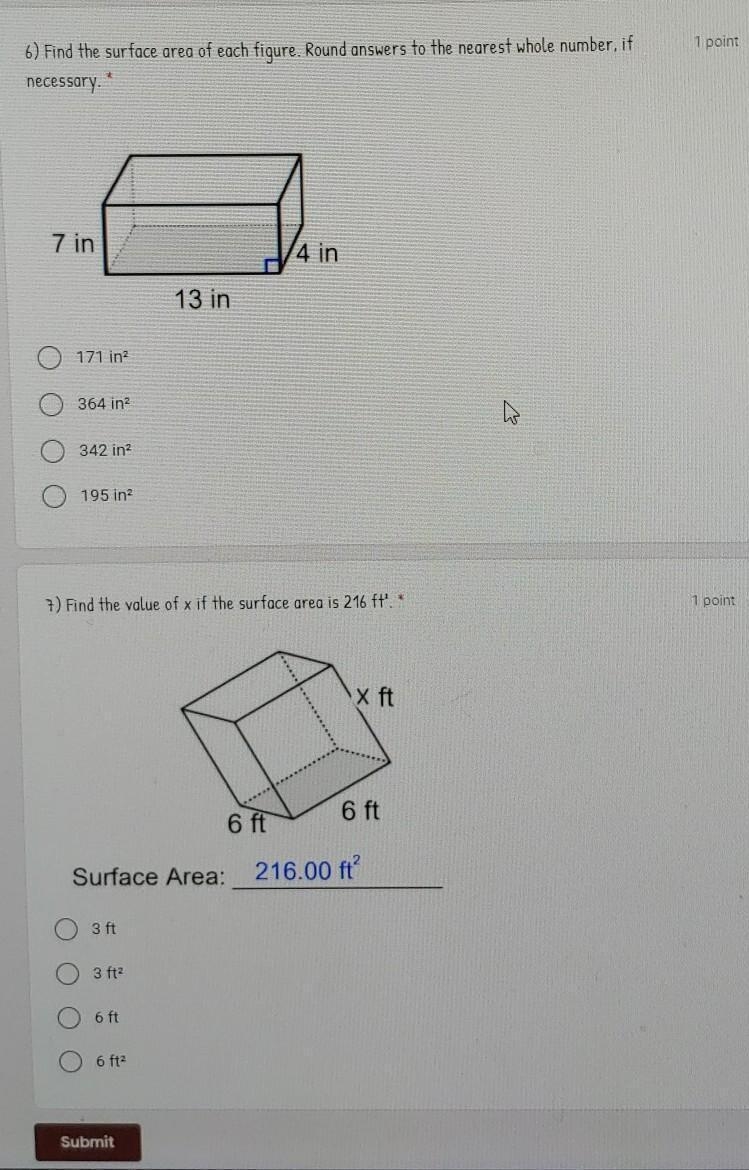 7) Find the value of x if the surface are is 216ft ​-example-1