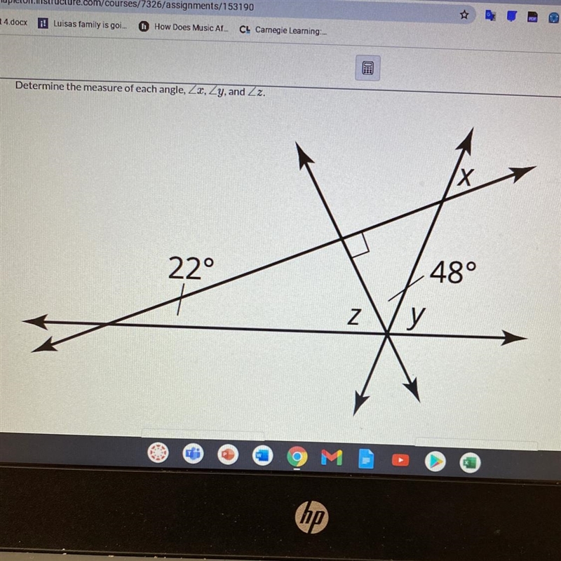 Determine the measure of each angle: x,y and z PLS HELP-example-1