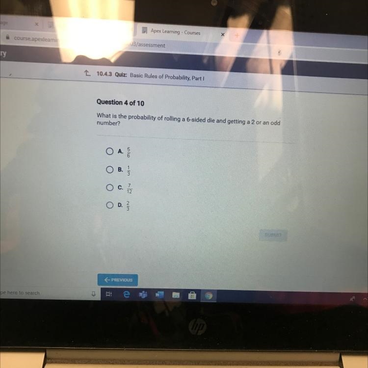 What is the probability of rolling a 6-sided die and getting a 2 or an odd number-example-1