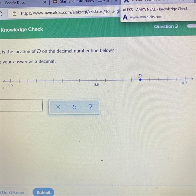 What is the location of D on the decimal number line below? Write your answer as a-example-1