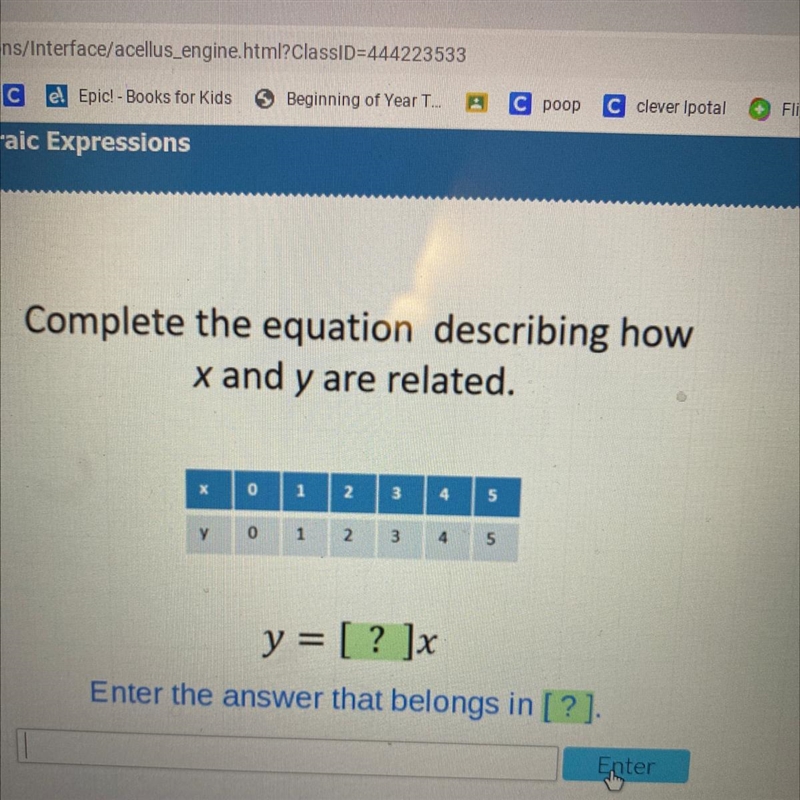 Complete the equation describing how x and y are related. Y= (x) x-example-1