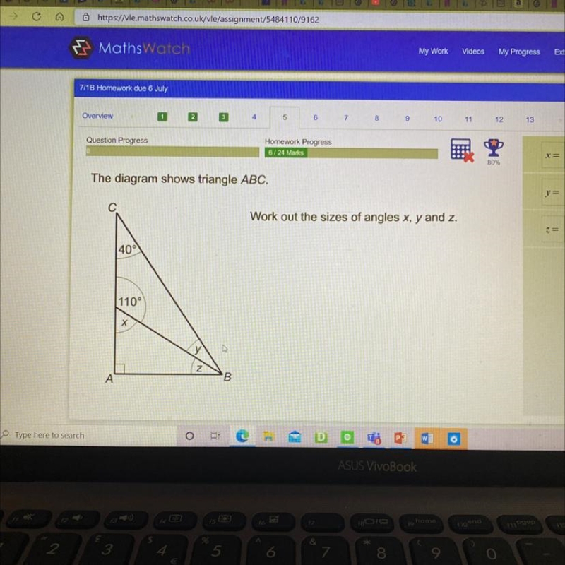 The diagram shows triangle ABC. С Work out the sizes of angles x, y and z. 40° 110° х-example-1