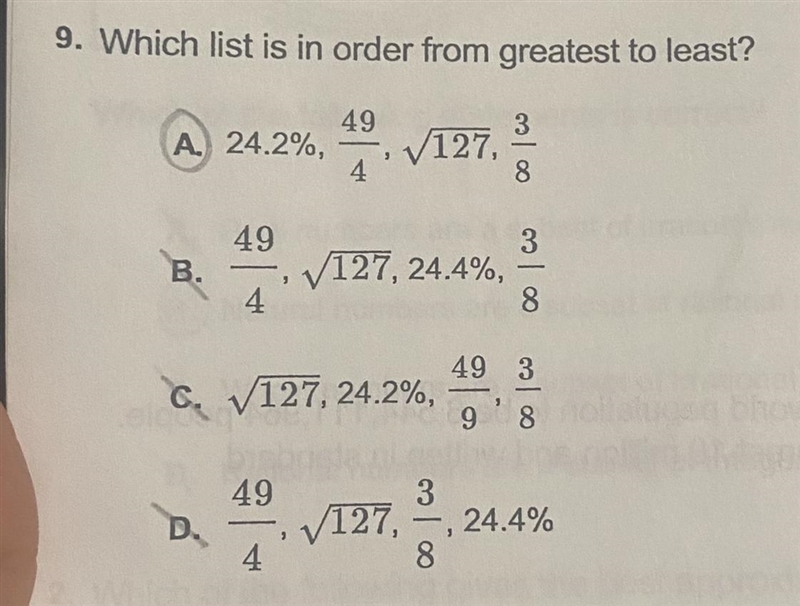 9. Which list is in order from greatest to least? 49 A.) 24.2%, 4 V127. 3 8 2 49 B-example-1