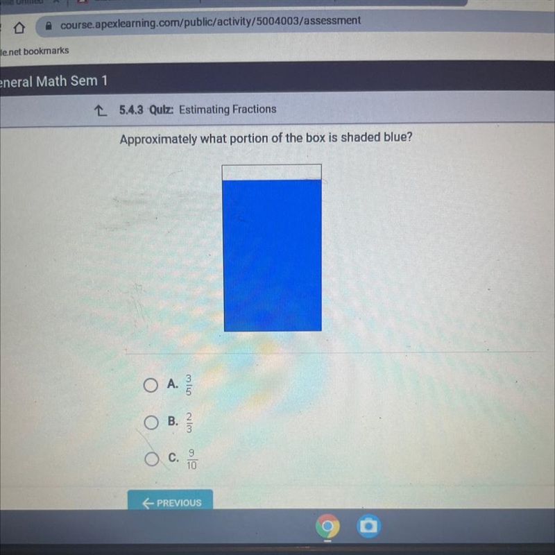 Approximately what portion of the box is shaded blue? A.3/5 B.2/3 C.9/10-example-1