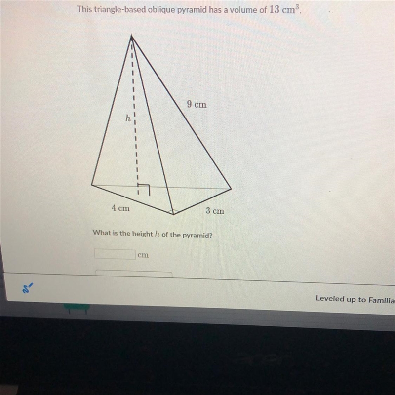 9 cm 4 cm 3 cm What is the height h of the pyramid?-example-1