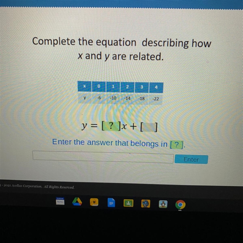 Complete the equation describing how x and y are related.-example-1