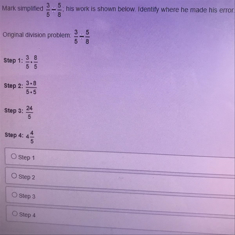 Plz help I got no time! Mark simplified - his work is shown below. Identify where-example-1