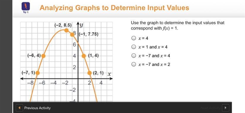 Use the graph to determine the input values that correspond with f(x) = 1.-example-1