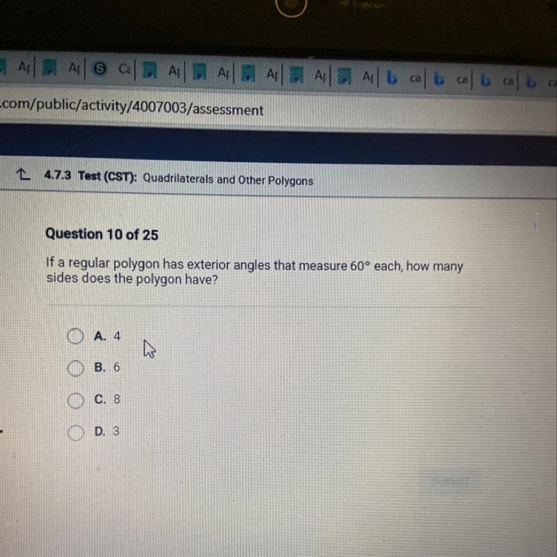 Question 10 of 25 If a regular polygon has exterior angles that measure 60° each, how-example-1