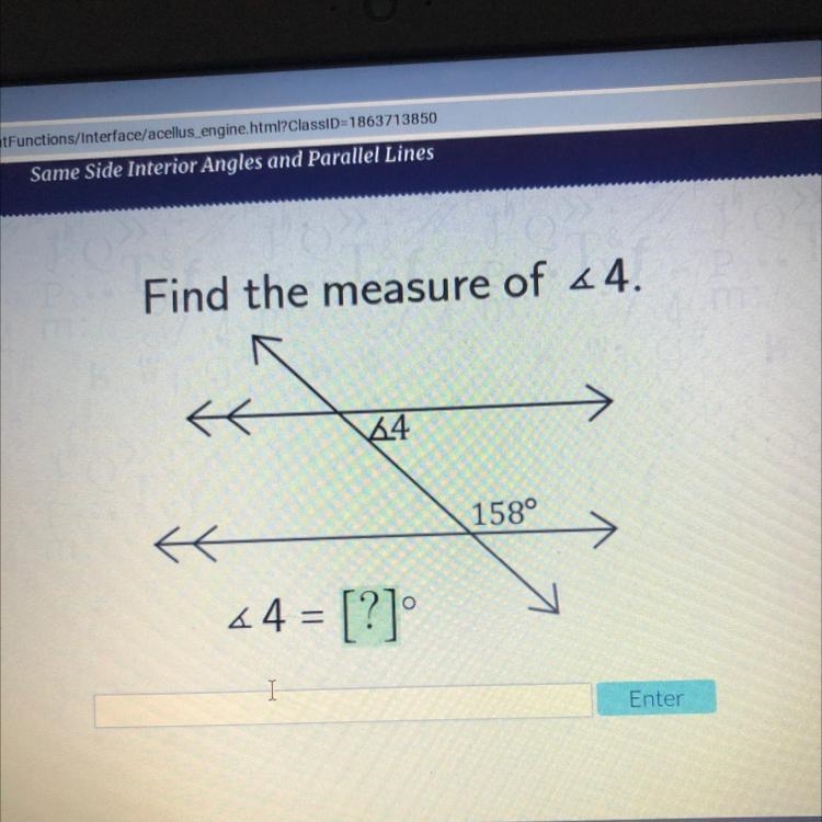 Find the measure of 44. { 44 158° K *4 = [?]-example-1