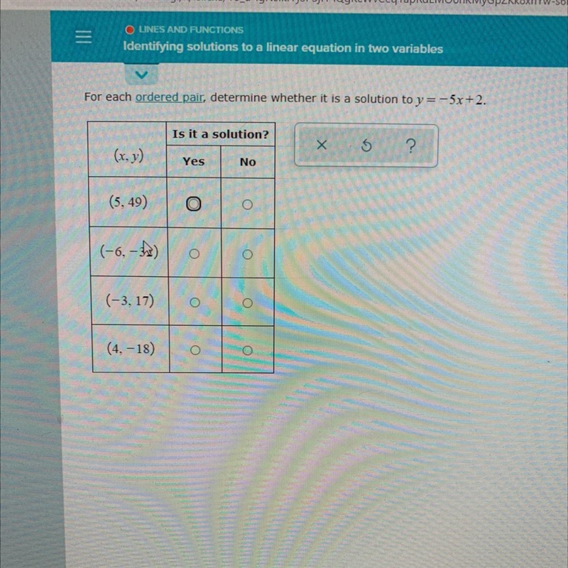 For each ordered pair, determine whether it is a solution to y=-5x+2.-example-1