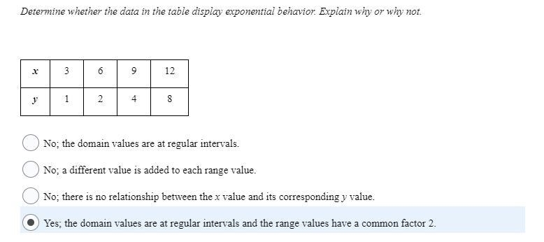 Determine whether the data in the table display exponential behavior. Explain why-example-1