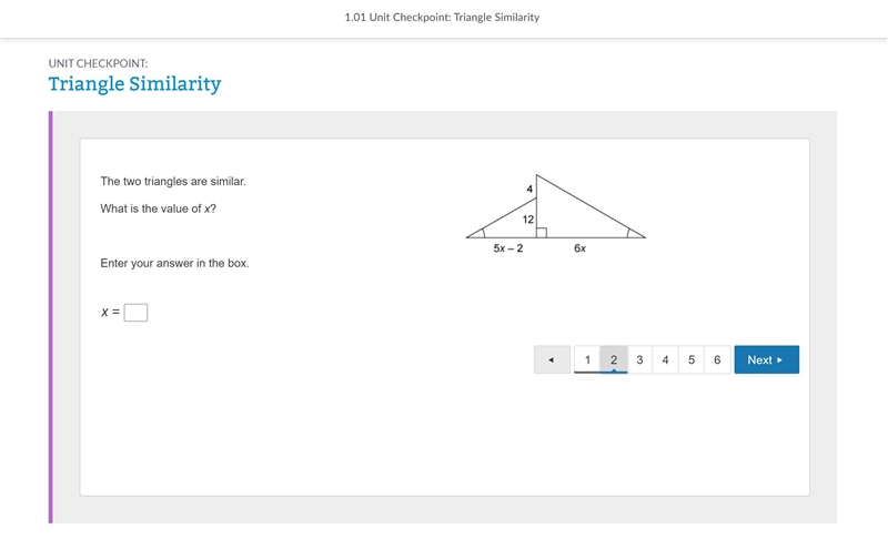 The two triangles are similar. What is the value of x? Enter your answer in the box-example-1