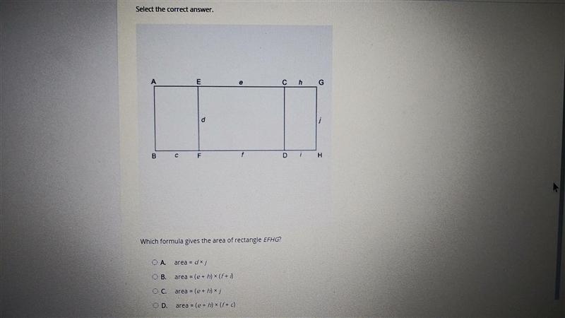 Select the correct answer. Which formula gives the area of rectangle EFHG? A. area-example-1