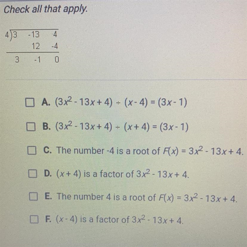 According to the synthetic division below, which of the following statements are true-example-1