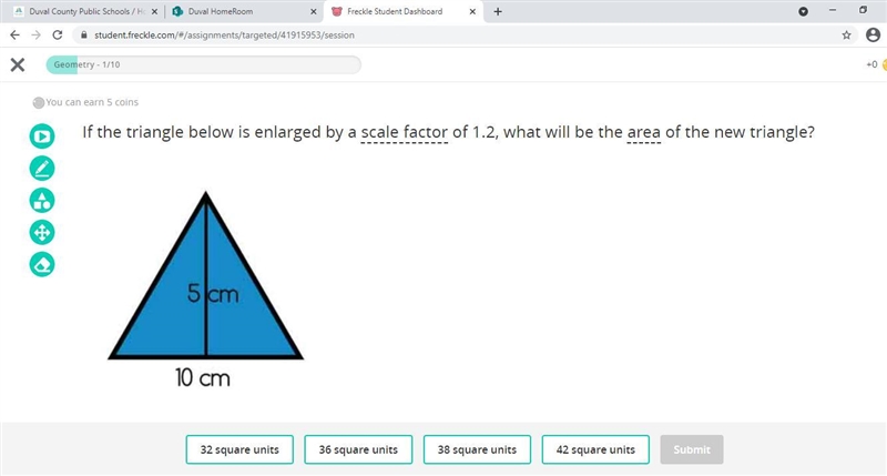 If the triangle below is enlarged by a scale factor of 1.2, what will be the area-example-1