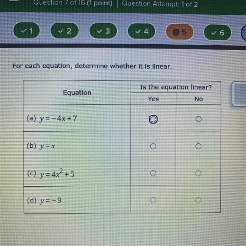 Quickkk?!! For each equation, determine whether it is linear.-example-1