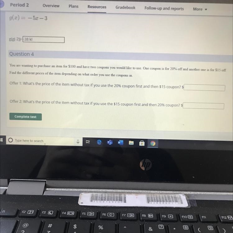 Question 4 Offer 1: What's the price of the item without tax if you use the 20% coupon-example-1