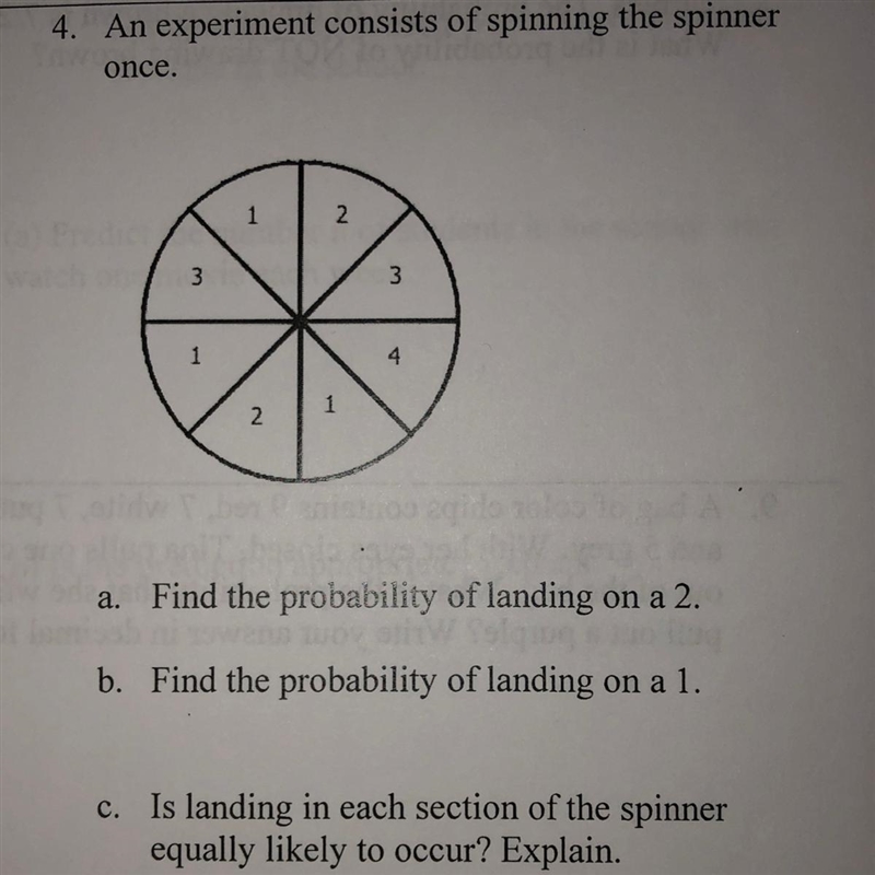 An experiment consists of spinning the spinner once. a: Find the probability of landing-example-1