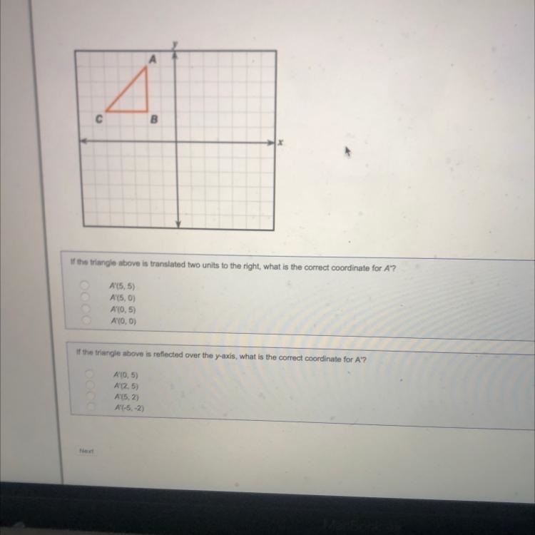 If the triangle above is translated two units to the right, what is the correct coordinate-example-1