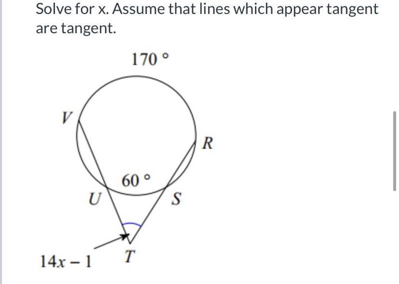 Solve for x. Assume that lines which appear tangent are tangent.-example-1