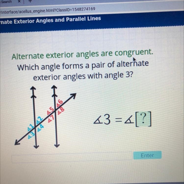 Alternate exterior angles are congruent Which angle forms a pair of alterhate exterior-example-1