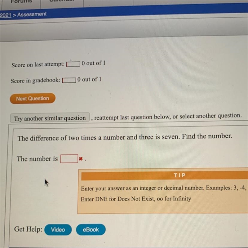 The difference of two times a number and three is seven. Find the number,-example-1