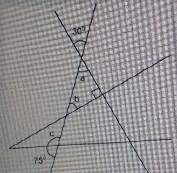 What are the measures of Angles a, b, and c? Show your work and explain your answers-example-1