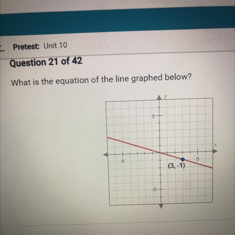 What is the equation of the line graphed below? 5 - 5 5 (3,-1) 1 -5 O A. y=-3x 1 O-example-1