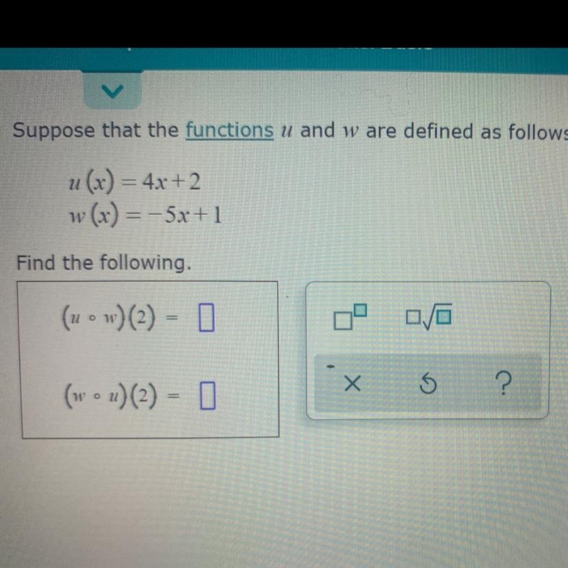 Find the following (u•w)(2)= (w•u)(2)=-example-1